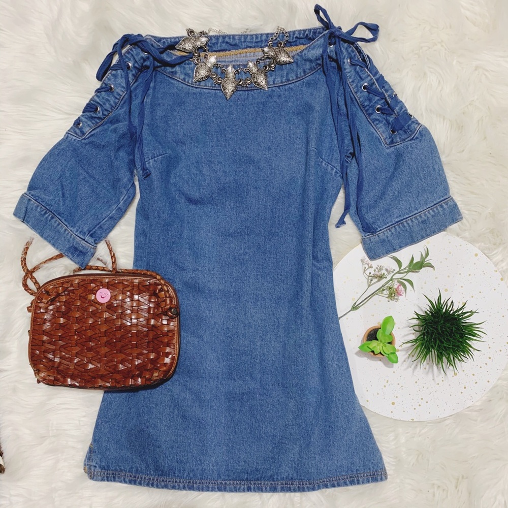 Denim Open-Shoulder Shift Dress